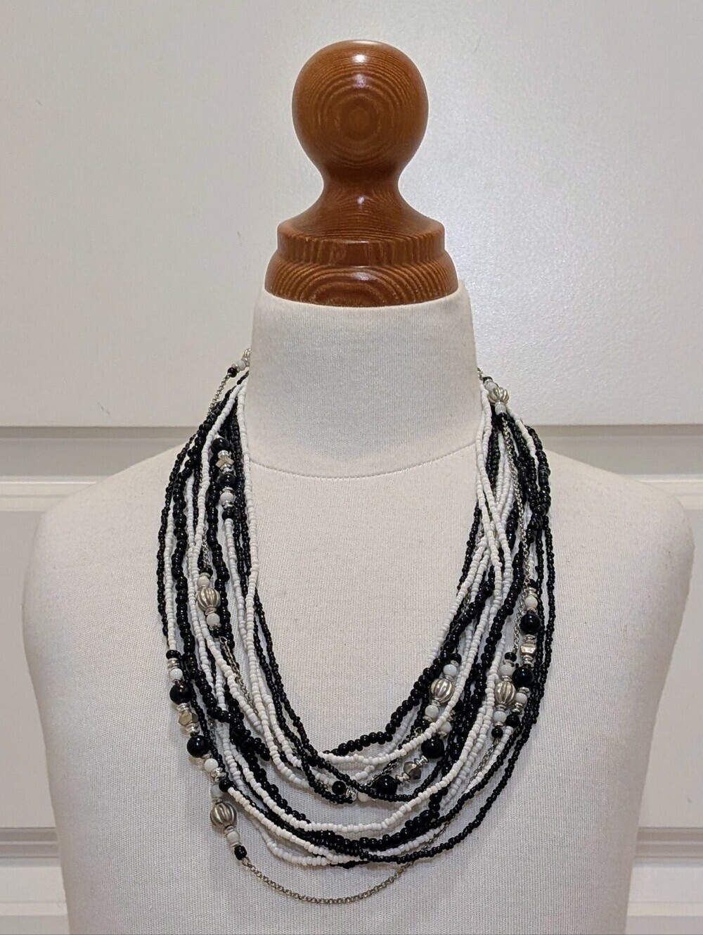 EUC Black, White and Silver Multi-strand Beaded Necklace